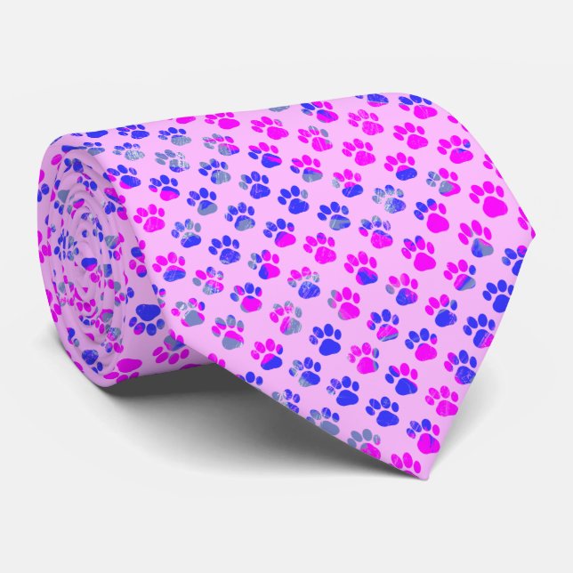 Animal Paw Silhouette Blue Pink on Pink Neck Tie (Rolled)