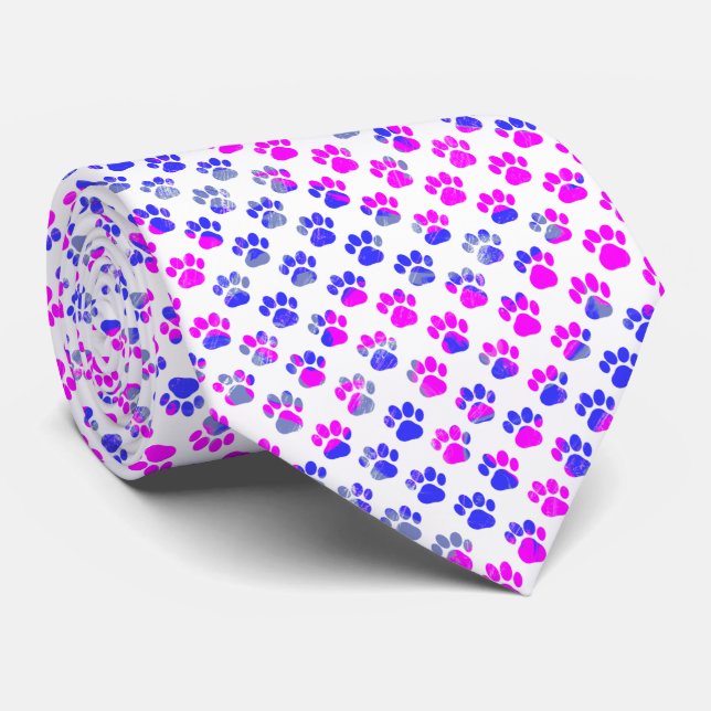 Animal Paw Silhouette Blue Pink on White Neck Tie (Rolled)