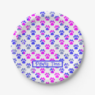 Animal Paw Silhouette Blue Pink Pawty Paper Paper Plate