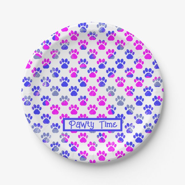 Animal Paw Silhouette Blue Pink Pawty Paper Plate (Front)