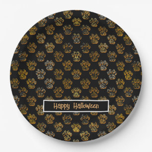 Animal Paw Silhouette Halloween Pawty Black Paper Plate