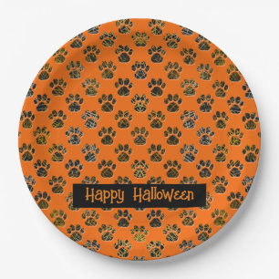 Animal Paw Silhouette Halloween Pawty Orange Paper Plate
