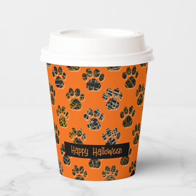 Animal Paw Silhouette Pets Happy Halloween Orange Paper Cups (Front)