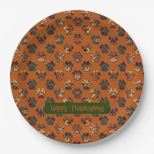 Animal Paw Silhouette Thanksgiving Pawty Dk Orange Paper Plate