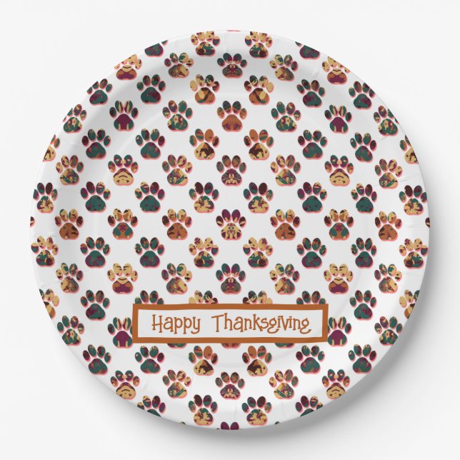 Animal Paw Silhouette Thanksgiving Pawty White Paper Plate (Front)