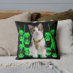 Animal Pet Cat Photo Lime Pattern Black Customized Throw Pillow