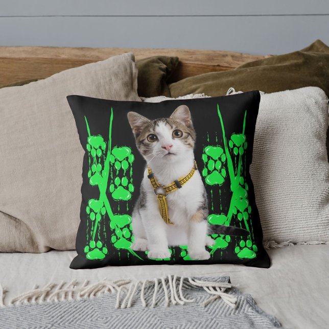 Animal Pet Cat Photo Lime Pattern Black Customized Throw Pillow (Creator Uploaded)
