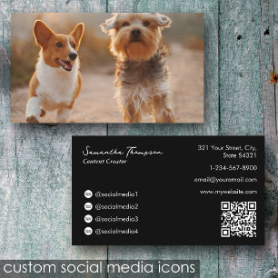 Animal Pet Influencer Full Photo QR Code Black Business Card