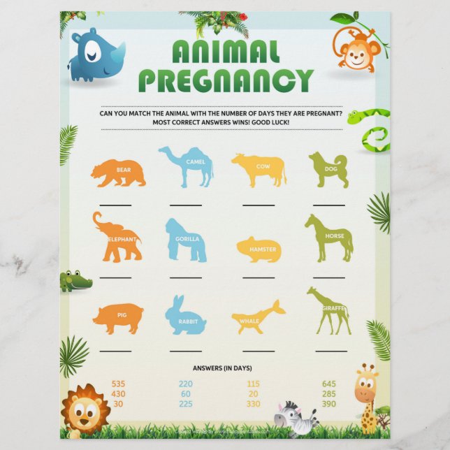 Animal Pregnancy Baby Shower Games [Animal Theme] Letterhead (Front)