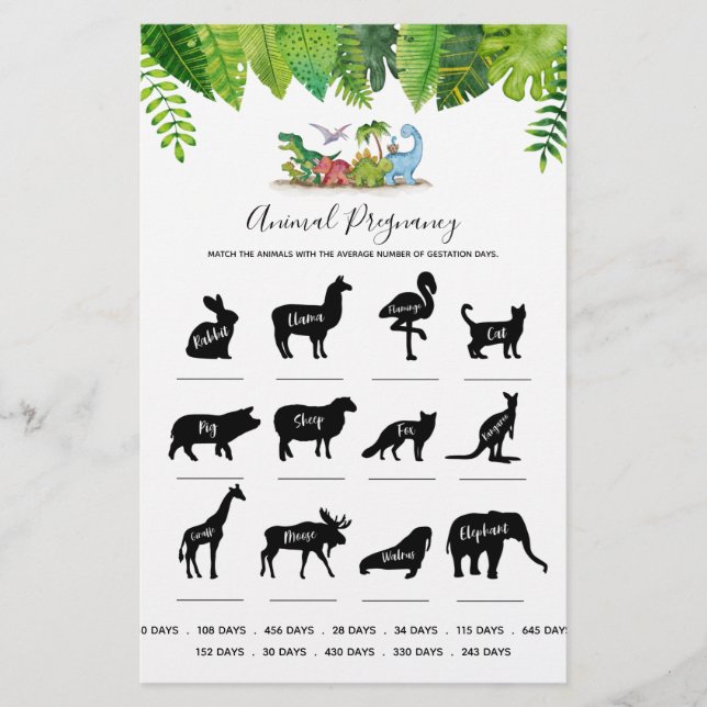 Animal Pregnancy Dinosaur Baby Shower Game (Front)