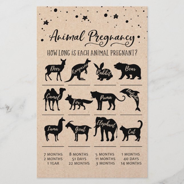 Animal Pregnancy with Answers Baby Shower Game (Front)