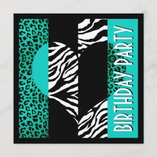 Animal Print Aqua Blue Leopard Black & White Zebra Invitation