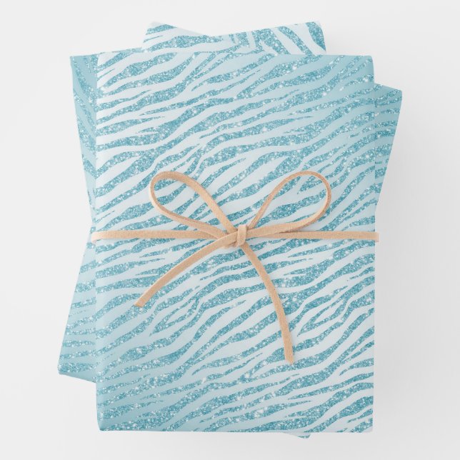 Animal Print Blue Glitter Glam Wrapping Paper Sheet (In situ)