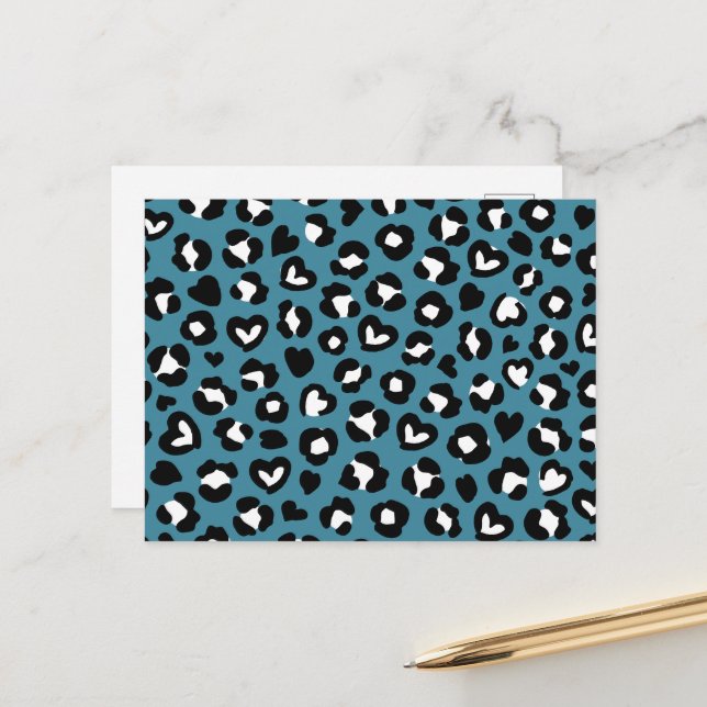 Animal Print, Blue Leopard, Cheetah Spots, Hearts Postcard (Front/Back In Situ)