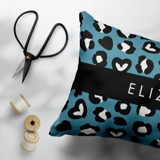 Animal Print, Blue Leopard, Hearts, Your Name Accent Pillow (Creator Uploaded)