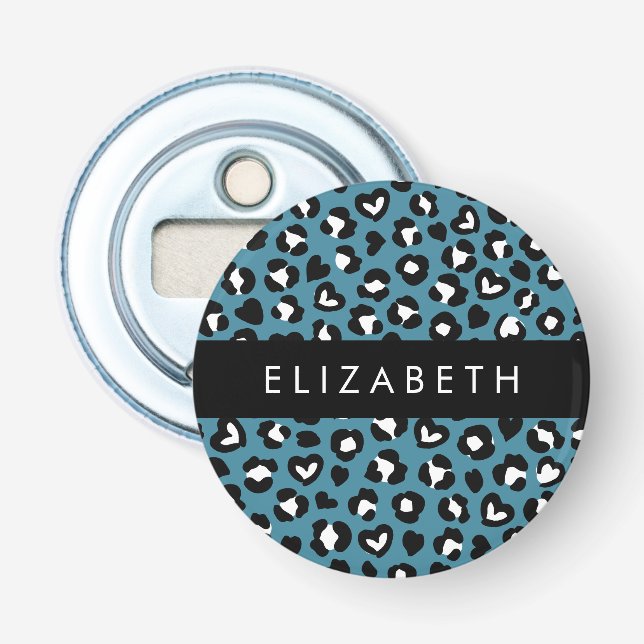 Animal Print, Blue Leopard, Hearts, Your Name Bottle Opener (Front)