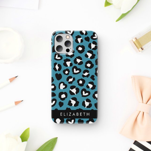 Animal Print, Blue Leopard, Hearts, Your Name Case-Mate iPhone Case (Creator Uploaded)