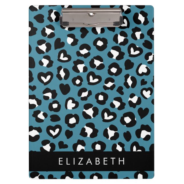 Animal Print, Blue Leopard, Hearts, Your Name Clipboard (Front)