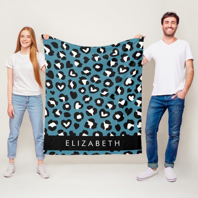 Animal Print, Blue Leopard, Hearts, Your Name Fleece Blanket (In Situ)