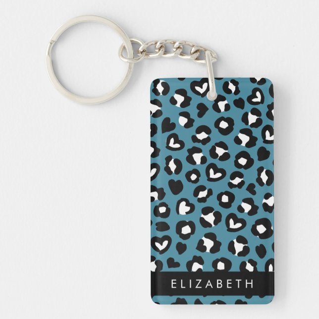 Animal Print, Blue Leopard, Hearts, Your Name Keychain (Front)