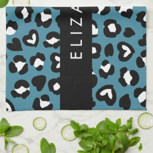 Animal Print, Blue Leopard, Hearts, Your Name Kitchen Towel