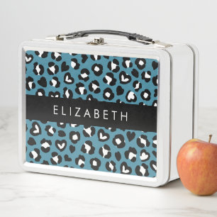Animal Print, Blue Leopard, Hearts, Your Name Metal Lunch Box