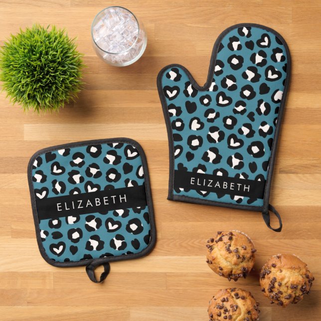 Animal Print, Blue Leopard, Hearts, Your Name Oven Mitt & Pot Holder Set (Top Down)