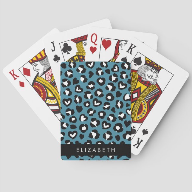 Animal Print, Blue Leopard, Hearts, Your Name Playing Cards (Back)