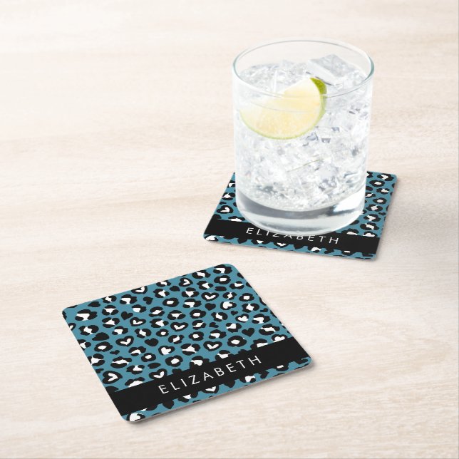 Animal Print, Blue Leopard, Hearts, Your Name Square Paper Coaster (Insitu)