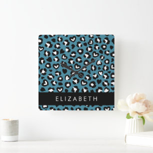 Animal Print, Blue Leopard, Hearts, Your Name Square Wall Clock