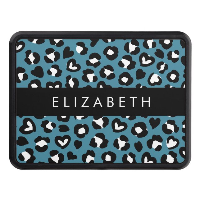 Animal Print, Blue Leopard, Hearts, Your Name Trailer Hitch Cover (Front)