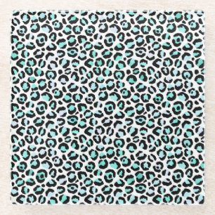 Animal Print Blue Spots Turquoise Pink Faux Black Glass Coaster