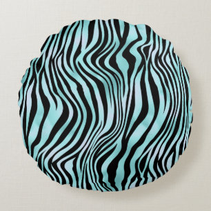 Animal Print Bright Blue Zebra Skin Turquoise Round Pillow