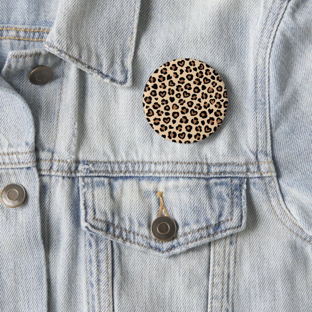 Animal Print, Brown Leopard, Cheetah Spots, Hearts 2 Inch Round Button (In Situ)