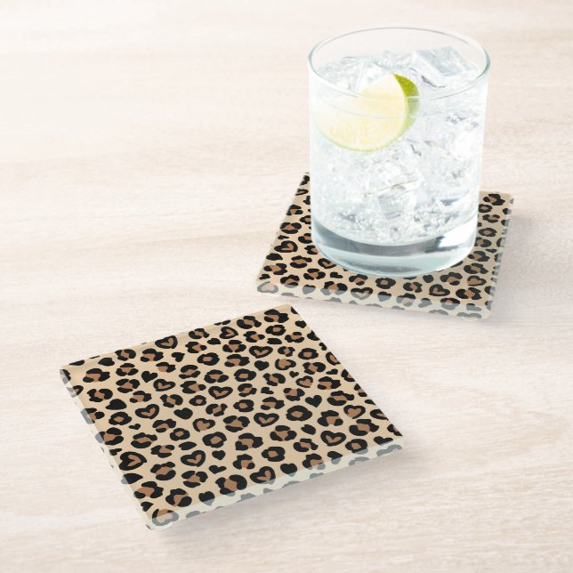 Animal Print, Brown Leopard, Cheetah Spots, Hearts Glass Coaster (Angled)