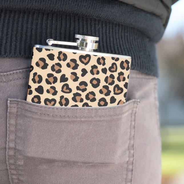Animal Print, Brown Leopard, Cheetah Spots, Hearts Hip Flask (In Situ)