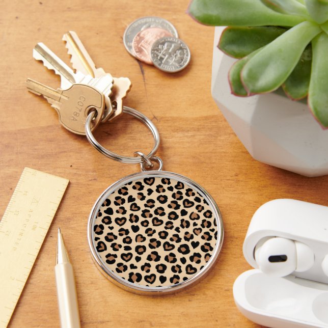Animal Print, Brown Leopard, Cheetah Spots, Hearts Keychain (Desk)