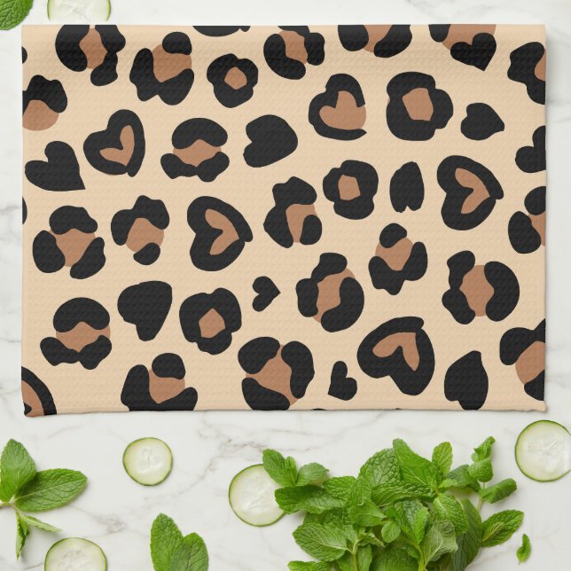 Animal Print, Brown Leopard, Cheetah Spots, Hearts Kitchen Towel (Folded)