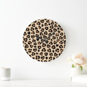 Animal Print, Brown Leopard, Cheetah Spots, Hearts Large Clock
