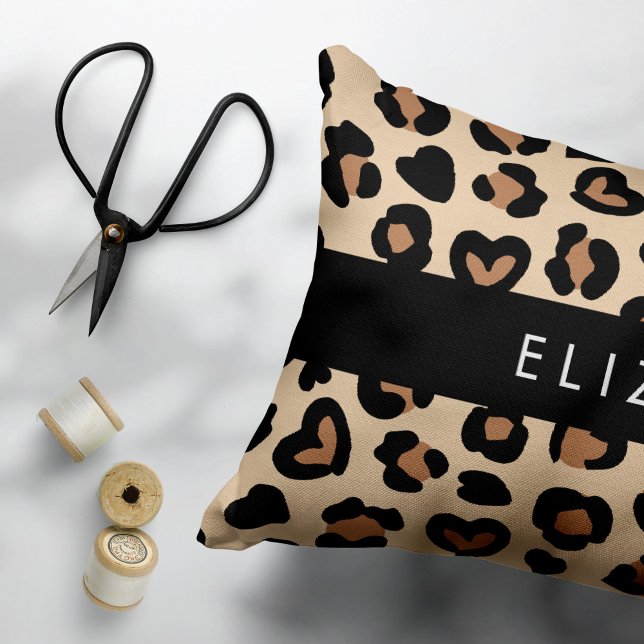 Animal Print, Brown Leopard, Hearts, Your Name Accent Pillow (Creator Uploaded)