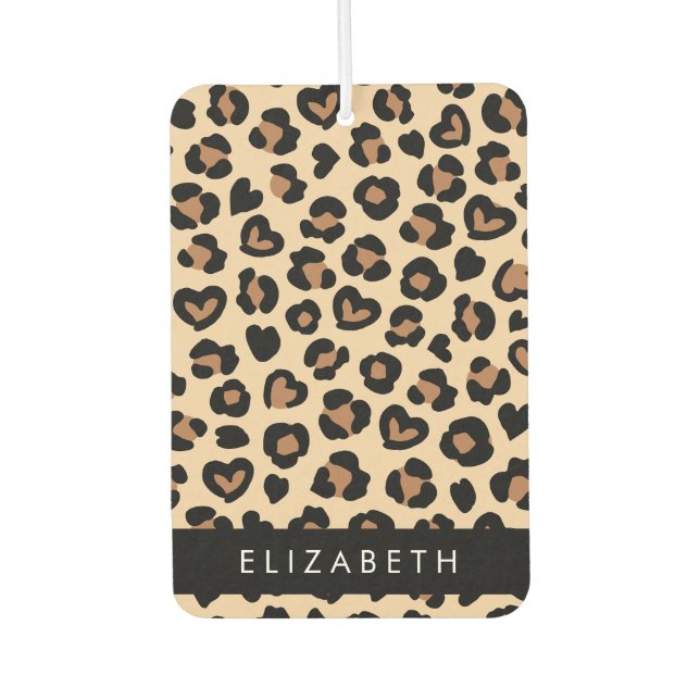 Animal Print, Brown Leopard, Hearts, Your Name Air Freshener (Front)