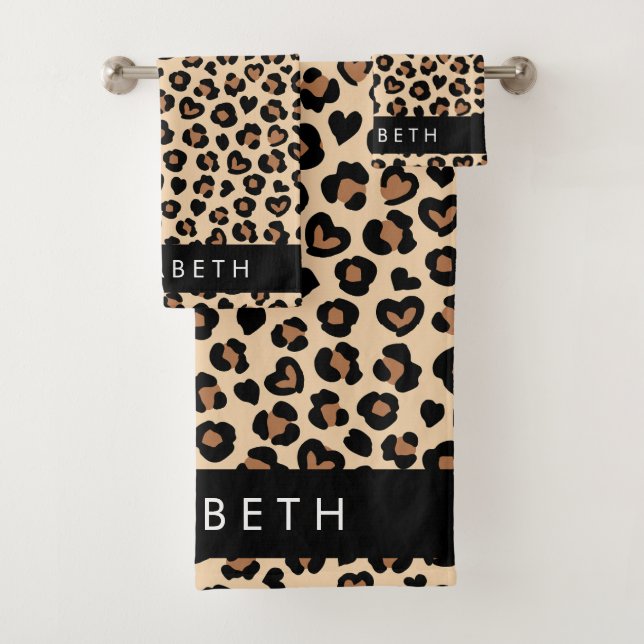 Animal Print, Brown Leopard, Hearts, Your Name Bath Towel Set (Insitu)