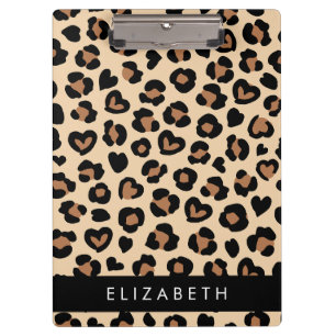 Animal Print, Brown Leopard, Hearts, Your Name Clipboard