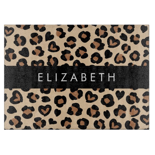 Animal Print, Brown Leopard, Hearts, Your Name Cutting Board (Front)