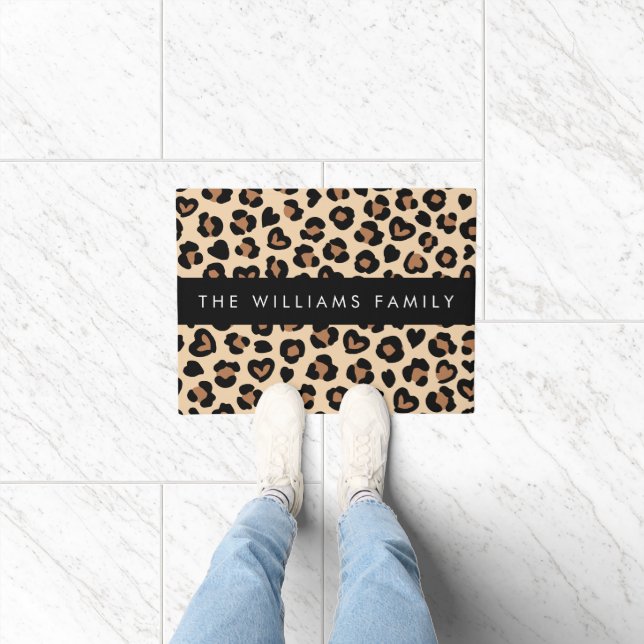 Animal Print, Brown Leopard, Hearts, Your Name Doormat (Indoor)