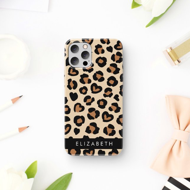 Animal Print, Brown Leopard, Hearts, Your Name iPhone 16 Case (Creator Uploaded)