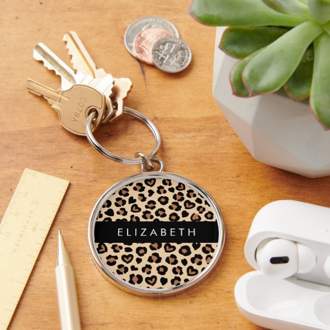 Animal Print, Brown Leopard, Hearts, Your Name Keychain (Desk)