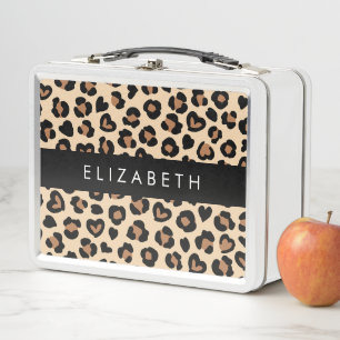 Animal Print, Brown Leopard, Hearts, Your Name Metal Lunch Box