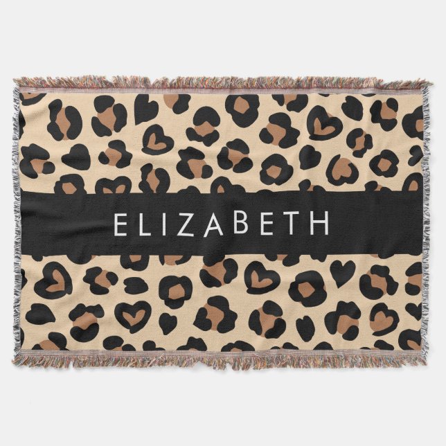 Animal Print, Brown Leopard, Hearts, Your Name Throw Blanket (Front)