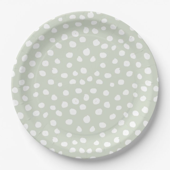 Animal Print Dots Sage Green And White Paper Plate (Front)